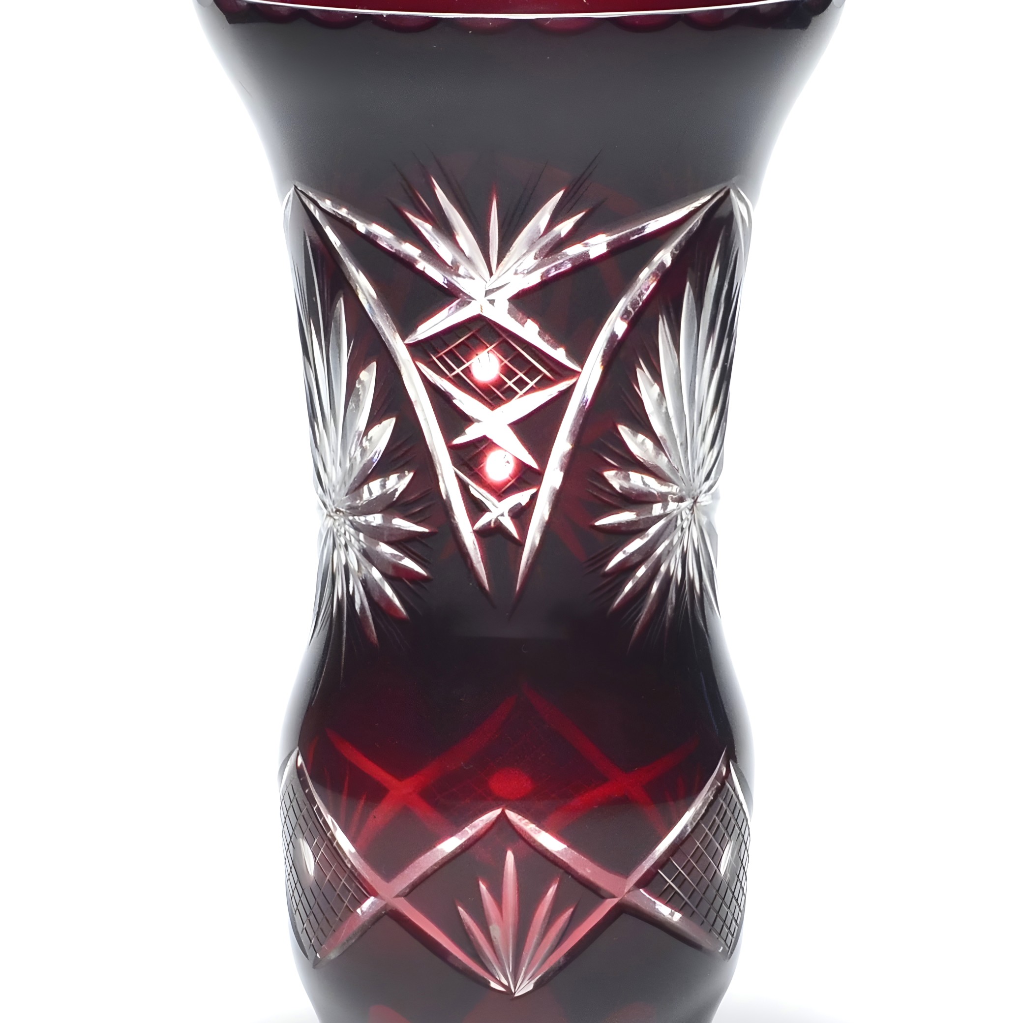 Burgunder Kristallvase, Geometrisches Muster, Böhmisches Schnittglas, Vintage Europäisches Dekorationsmittelstück